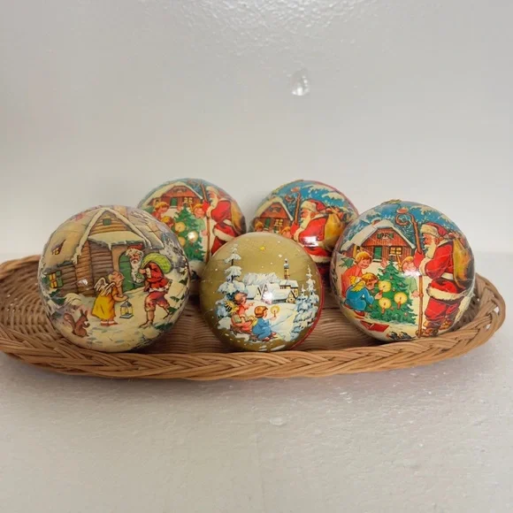 Vintage West German Paper Maché Candy Container Ball Ornaments Lot Of 5